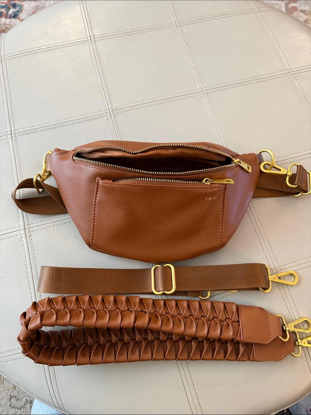Fawn Design Tan Leather Crossbody Belt Bag with Gold Hardware